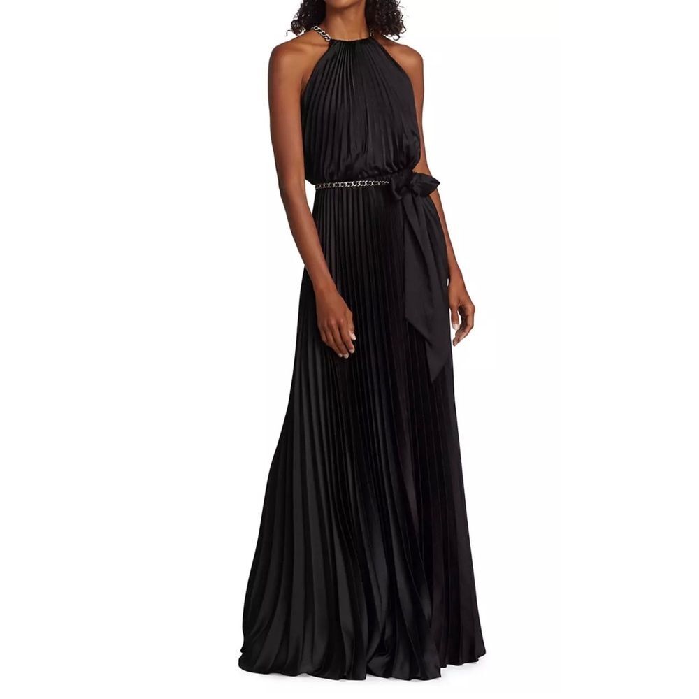 ML Monique Lhuillier Satin Chain-Link Belt Pleated Gown, Black, New, Size 8 - Picture 2 of 12